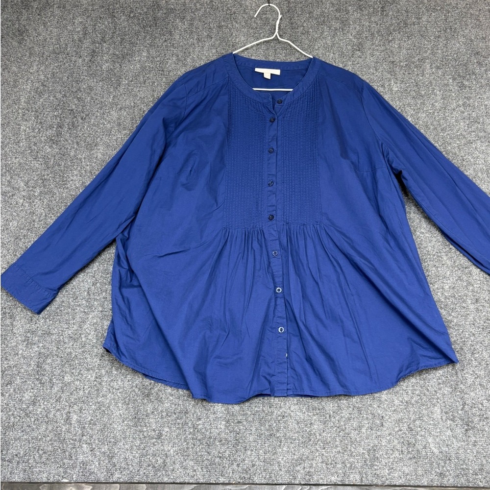 Woman Within Button Down Blouse Women 2X Blue Pintuck Pleated Tunic Long Sleeve